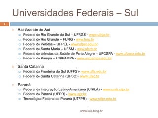 Universidades Federais – SulRio Grande do SulFederal do Rio Grande do Sul – UFRGS - www.ufrgs.brFederal do Rio Grande – FURG - www.furg.brFederal de Pelotas – UFPEL - www.ufpel.edu.brFederal de Santa Maria – UFSM - www.ufsm.brFederal de ciências da Saúde de Porto Alegre – UFCSPA - www.ufcspa.edu.brFederal do Pampa – UNIPAMPA - www.unipampa.edu.brSanta CatarinaFederal da Fronteira do Sul (UFFS) - www.uffs.edu.brFederal de Santa Catarina (UFSC) - www.ufsc.brParanáFederal da Integração Latino-Americana (UNILA) - www.unila.ufpr.brFederal do Paraná (UFPR) - www.ufpr.brTecnológica Federal do Paraná (UTFPR) - www.utfpr.edu.br3www.luis.blog.br