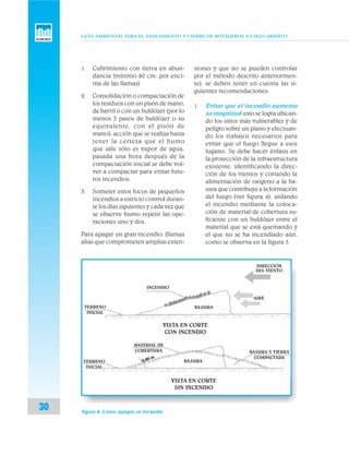 GUÍA AMBIENTAL PARA EL SANEAMIENTO Y CIERRE DE BOTADEROS A CIELO ABIERTO
30
1. Cubrimiento con tierra en abun-
dancia (mínimo 80 cm. por enci-
ma de las llamas)
2. Consolidación o compactación de
los residuos con un pisón de mano,
de barril o con un buldózer (por lo
menos 5 pasos de buldózer o su
equivalente, con el pisón de
mano), acción que se realiza hasta
tener la certeza que el humo
que sale sólo es vapor de agua,
pasada una hora después de la
compactación inicial se debe vol-
ver a compactar para evitar futu-
ros incendios.
3. Someter estos focos de pequeños
incendios a estricto control duran-
te los días siguientes y cada vez que
se observe humo repetir las ope-
raciones uno y dos.
Para apagar un gran incendio: (llamas
altas que comprometen amplias exten-
siones y que no se pueden controlar
por el método descrito anteriormen-
te), se deben tener en cuenta las si-
guientes recomendaciones:
1. Evitar que el incendio aumente
su magnitud: esto se logra ubican-
do los sitios más vulnerables y de
peligro sobre un plano y efectuan-
do los trabajos necesarios para
evitar que el fuego llegue a esos
lugares. Se debe hacer énfasis en
la protección de la infraestructura
existente, identificando la direc-
ción de los vientos y cortando la
alimentación de oxigeno a la ba-
sura que contribuye a la formación
del fuego (ver figura 4), aislando
el incendio mediante la coloca-
ción de material de cobertura su-
ficiente con un buldózer entre el
material que se está quemando y
el que no se ha incendiado aún,
como se observa en la figura 5.
Figura 4. Como apagar un Incendio
TERRENO
INICIAL
INCENDIO
BASURA
DIRECCIÓN
DEL VIENTO
AIRE
VISTA EN CORTE
CON INCENDIO
TERRENO
INICIAL
MATERIAL DE
COBERTURA
BASURA
BASURA Y TIERRA
COMPACTADA
VISTA EN CORTE
SIN INCENDIO
0.80 m
 