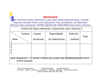 IMPORTANTE Los números hacen referencia a las cinco ideas seleccionadas, cuando algunas resultan tener una evaluación muy semejante, es adecuado efectuar otra evaluación ENTRE AQUELLAS SIMILARES bajo otros criterios.   Evalúe las ideas anteriores y seleccione como máximo 5.   Criterios  Acceso Disponibilidad Costo del   Total Ideas   al mercado  de materia prima   producto 1. 2. 3. 4. 5. Nota: Evaluar de 1 - 5, donde 5 implica que cumple más satisfactoriamente con el   criterio evaluado  