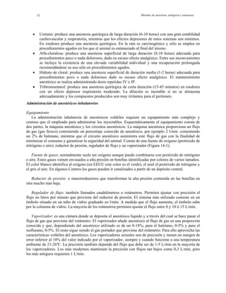 Métodos de anestesia, analgesia y eutanasia11
Uretano: produce una anestesia quirúrgica de larga duración (6-10 horas) con una gran estabilidad
cardiovascular y respiratoria, mientras que los efectos depresores de estos sistemas son mínimos.
En roedores produce una anestesia quirúrgica. En la rata es carcinogénico y
•
sólo se emplea en
•
dividual y una recuperación prolongada
•
efecto analgésico. El mantenimiento
•
o se almacena
ucidos son muy irritantes para el peritoneo.
dministración de anestésicos inhalatorios
Eq
o (protóxido de
nitrógeno o aire), reductor de presión, regulador de flujo y un vaporizador (Figura 14-1).
rógeno y
el gris el aire. En algunos Centros los gases pueden ir canalizados a partir de un depósito central.
n: o manorreductores que transforman la alta presión contenida en las botellas en
otra mucho más baja.
e
por la columna de vidrio. La mayoría de los rotámetros permiten ajustar el flujo entre 0 y 10 ó 15 L/min.
s mantienen la precisión con flujos tan bajos como 0,3 L/min, pero
los más antiguos requieren 1 L/min.
procedimientos agudos en los que el animal es eutanasiado al final del mismo.
Alfa-cloralosa: produce una anestesia superficial de larga duración (8-10 horas) adecuada para
procedimientos poco o nada dolorosos, dado su escaso efecto analgésico. Entre sus inconvenientes
se incluye la existencia de una elevada variabilidad in
recomendándose su uso sólo en procedimientos agudos.
Hidrato de cloral: produce una anestesia superficial de duración media (1-2 horas) adecuada para
procedimientos poco o nada dolorosos dado su escaso
anestésico se realiza administrando dosis repetidas IV o IP.
Tribromoetanol: produce una anestesia quirúrgica de corta duración (15-45 minutos) en roedores
con un efecto depresor respiratorio moderado. La dilución es inestable si n
adecuadamente y los compuestos prod
A
uipamiento
La administración inhalatoria de anestésicos volátiles requiere un equipamiento más complejo y
costoso que el empleado para administrar los inyectables. Esquemáticamente el equipamiento consta de
dos partes, la máquina anestésica y los circuitos anestésicos. La máquina anestésica proporciona un flujo
de gas (gas fresco) conteniendo un porcentaje conocido de anestésico, por ejemplo 2 l/min. conteniendo
un 2% de halotano, mientras que el circuito anestésico suministra este flujo de gas con la finalidad de
minimizar el consumo y garantizar la seguridad del animal. Consta de una fuente de oxígen
Fuente de gases: normalmente suele ser oxígeno aunque puede combinarse con protóxido de nitrógeno
o aire. Estos gases vienen envasados a alta presión en botellas identificadas por colores de varios tamaños.
El color blanco identifica al oxígeno (en EEUU este color es el verde), el azul el protóxido de nit
Reductor de presió
Regulador de flujo: también llamados caudalímetros o rotámetros. Permiten ajustar con precisión el
flujo en litros por minuto que proviene del reductor de presión. El sistema más utilizado consiste en un
émbolo situado en un tubo de vidrio graduado en l/min. A medida que el flujo aumenta, el émbolo sub
Vaporizador: es una cámara donde se deposita el anestésico líquido y a través del cual se hace pasar el
flujo de gas que proviene del rotámetro. El vaporizador añade anestésico al flujo de gas en una proporción
conocida y que, dependiendo del anestésico utilizado es de un 0-18%; para el halotano, 0-5% y para el
isoflurano, 0-5%. El resto sigue siendo el gas portador que proviene del rotámetro. Para ello aprovecha las
características volátiles del anestésico. Los vaporizadores actuales son de precisión y tienen un margen de
error inferior al 10% del valor indicado por el vaporizador, siempre y cuando funcione a una temperatura
ambiente de 21-26ºC. La precisión también depende del flujo que debe ser de 1-5 L/min en la mayoría de
los vaporizadores. Los más moderno
 