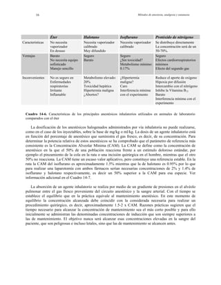 Métodos de anestesia, analgesia y eutanasia16
Éter Halotano Isoflurano Protóxido de nitrógeno
Características No necesita
vaporizador
En desuso
Necesita vaporizador
calibrado
Muy difundido
Necesita vaporizador
calibrado
Se distribuye directamente
La concentración será de un
50-70%.
Ventajas Barato
No necesita equipo
sofisticado
Manejo sencillo
Seguro
Barato
Seguro
¿Sin toxicidad?
Metabolismo mínimo:
0.17%
Seguro
Efectos cardiorrespiratorios
mínimos
Efecto del segundo gas
Inconvenientes No es seguro en
Enfermedades
respiratorias
Irritante
Inflamable
Metabolismo elevado:
20%
Toxicidad hepática
Hipertermia maligna
¿Abortos?
¿Hipertermia
maligna?
Caro
Interferencia mínima
con el experimento
Reduce el aporte de oxígeno
Hipoxia por difusión
Intercambio con el nitrógeno
Inhibe la Vitamina B12
Barato
Interferencia mínima con el
experimento
Cuadro 14-6. Características de los principales anestésicos inhalatorios utilizados en animales de laboratorio
comparados con el éter
La dosificación de los anestésicos halogenados administrados por vía inhalatoria no puede realizarse,
como en el caso de los inyectables, sobre la base de mg/kg o ml/kg. La dosis de un agente inhalatorio está
en función del porcentaje de anestésico que suministra el gas fresco, es decir, de su concentración. Para
determinar la potencia relativa de estos anestésicos se ha comprobado que el parámetro de referencia más
consistente es la Concentración Alveolar Mínima (CAM). La CAM se define como la concentración de
anestésico en la que el 50% de una población reacciona frente a un estímulo doloroso estándar, por
ejemplo el pinzamiento de la cola en la rata o una incisión quirúrgica en el hombre, mientras que el otro
50% no reacciona. La CAM tiene un escaso valor aplicativo, pero constituye una referencia estable. En la
rata la CAM del isoflurano es aproximadamente 1.5% mientras que la de halotano es 0.95% por lo que
para realizar una laparotomía con ambos fármacos serían necesarias concentraciones de 2% y 1.4% de
isoflurano y halotano respectivamente, es decir un 50% superior a la CAM para esa especie. Ver
información adicional en el Cuadro 14-7.
La absorción de un agente inhalatorio se realiza por medio de un gradiente de presiones en el alvéolo
pulmonar entre el gas fresco proveniente del circuito anestésico y la sangre arterial. Con el tiempo se
establece el equilibrio que en la práctica equivale al mantenimiento anestésico. En este momento de
equilibrio la concentración alcanzada debe coincidir con la considerada necesaria para realizar un
procedimiento quirúrgico, es decir, aproximadamente 1.5-2 x CAM. Razones prácticas sugieren que el
tiempo necesario para alcanzar la concentración de mantenimiento sea el más corto posible y para ello
inicialmente se administran las denominadas concentraciones de inducción que son siempre superiores a
las de mantenimiento. El objetivo nunca será alcanzar esas concentraciones elevadas en la sangre del
paciente, que son peligrosas e incluso letales, sino que las de mantenimiento se alcancen antes.
 