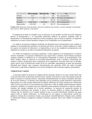 Métodos de anestesia, analgesia y eutanasia24
Dosis (mg/kg) Duración (h) Vía Uso
Morfina 0.5-1 4 IM Pre y postoperatorio
Petidina 1-2 2-4 IM Pre, intra y postoperatorio
Metadona 0.1 4 IM / IV Pre y Postoperatorio
Fentanilo 0.001-0.007 20-30 min IV Pre y intraoperatorio
Buprenorfina 0.01-0.02 6-8 IM / IV Pre y postoperatorio
Cuadro 4-10. Aplicación, duración media y dosis de los opiáceos más comunes. Las dosis indicadas son adecuadas
para el perro y deben ajustarse a cada especie
El antagonista no debe ser completo como la naloxona, ya que también revertiría la acción analgésica
durante el postoperatorio, y se recomienda administrar opiáceos de potencia moderada como la
buprenorfina o el butorfanol que mantienen el efecto analgésico, pero revierten la sedación y la depresión
respiratoria, así como el efecto anestésico sinérgico al ser combinados con un tranquilizante.
Los opiáceos de potencia analgésica moderada son adecuados para el postoperatorio, pero también se
emplean en la premedicación anestésica. La duración del efecto es elevada y pueden emplearse en todas
las especies de animales de laboratorio. La buprenorfina es uno de los analgésicos postoperatorios más
empleados en roedores y en todos los animales de laboratorio en general.
Los AINE son analgésicos de potencia moderada y suelen emplearse en el postoperatorio, en dolores
crónicos moderados o en procesos inflamatorios que causan dolor o malestar. Estos fármacos producen
analgesia mediante la inhibición de la ciclooxigenasa bloqueando la síntesis de prostaglandinas. Este
efecto también induce la aparición de toxicidad gastrointestinal, renal y hemática caracterizada por
vómitos y diarrea, insuficiencia renal y alteraciones en la coagulación. Una única dosis rara vez produce
efectos graves, pero la dosificación crónica ha de ser controlada, especialmente en gatos que presentan
dificultad para eliminar estas sustancias. Recientemente han aparecido AINE con menor toxicidad
(meloxicam y carprofeno) comparada con la de otros analgésicos más conocidos (aspirina, paracetamol).
Analgesia local y regional
La anestesia implica la ausencia de cualquier tipo de sensación, dolorosa o no, pero cuando afecta sólo
a una parte del mismo se denomina anestesia local o regional. Esta técnica es muy eficaz porque actúa allí
donde se produce el estímulo doloroso, reduciendo considerablemente los efectos secundarios derivados
de su acción sistémica. Los fármacos más empleados son los anestésicos locales (lidocaína, mepivacaína,
bupivacaína), los cuales pueden administrarse mediante infiltración del tejido (anestesia por infiltración)
sobre el nervio que inerva la zona (anestesia de conducción) o sobre la médula espinal (anestesia espinal,
intratecal o epidural). La anestesia local por infiltración puede emplearse fácilmente en todas las especies
animales, por ejemplo alrededor de la incisión quirúrgica. La anestesia de conducción requiere de
conocimientos anatómicos para localizar el nervio. La anestesia epidural se obtiene depositando un
volumen fijo de anestésico en el espacio epidural al que se accede normalmente mediante una aguja
espinal sobre el espacio lumbosacro. La localización de este espacio es relativamente sencilla por
palpación. Además de los anestésicos locales, que producen insensibilidad total y bloqueo motor, también
se administran fármacos analgésicos (opiáceos, ketamina, agonistas alfa-2) que impiden la percepción
dolorosa.
 