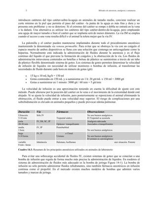 Métodos de anestesia, analgesia y eutanasia7
introducen catéteres del tipo catéter-sobre-la-aguja en animales de tamaño medio, conviene realizar un
corte mínimo en la piel que permita el paso del catéter –la punta de la aguja es más fina y dura y no
presenta este problema- y no se deteriore. Si el extremo del catéter se rompe o dobla no entrará en la vena
o la dañará. Una alternativa es utilizar los catéteres del tipo catéter-dentro-de-la-aguja, pero empleando
una aguja de mayor tamaño o bien el catéter que se implanta será de menor diámetro. La vía IM se emplea
cuando el acceso a una vena resulta difícil o el animal la tolera mejor que la vía IV.
mbas de infusión, al transformar las
ecesidades de fluido durante cada hora en número de gotas (gtt):
150 ml = 3000 gtt
Gotas a suministrar en 1 minuto: 3000 gtt / 60 min = 5 gtt/min
licaciones por una
sobrehidratación es elevado en animales pequeños y puede provocar edema pulmonar.
La palomilla y el catéter pueden mantenerse implantados durante todo el procedimiento anestésico
manteniendo la denominada vía venosa permeable. Para evitar que se obstruya la vía con un coágulo el
espacio muerto de ambos dispositivos se llena con una solución que contenga un anticoagulante como la
heparina. Normalmente está indicada la administración de fluidos durante la anestesia y es el flujo
continuo del líquido el que previene la formación de coágulos y la obstrucción de la vía. Los fluidos de
administración intravenosa contenidos en botellas o bolsas de plástico se suministran a través de un tubo
de plástico flexible denominado sistema de goteo. Los sistemas de goteo permiten determinar la velocidad
de infusión de líquidos sin necesidad de utilizar monitores o bo
n
• 15 kg x 10 mL/kg/h = 150 ml
• Gotas contenidas en 150 mL y a suministrar en 1 h: 20 gtt/mL x
•
La velocidad de infusión es una aproximación teniendo en cuenta la dificultad de ajuste con este
método. Puede alterarse por la posición del catéter en la vena o el movimiento de la extremidad donde esté
alojado. Si se ajusta la velocidad de infusión, pero posteriormente se reposiciona el animal eliminando la
obstrucción, el fluido puede entrar a una velocidad muy superior. El riesgo de comp
Duración Vía Fármacos Observaciones
Ultracorta
5-10 m
Propofol, Etomidato
Tiopental sódico
No son buenos analgésicos
El Tiopental se acumula
corta
20-30 m
Ketamina o Tiletamina
Opiáceo+ tranquilizante
Analgesia adecuada
Asociados a tranquilizantes
media
1 hora
Anestesia superficial y estable
No son buenos analgésicos
larga
5-10 horas
Hidrato d Anestesia superficial y estable
No son buenos analgésicos
El uretano es carcinogénico
variable Analgesia adecuada en cualq
in
Sólo IV
in
IV, IM, SC, IP
IV, IP Pentobarbital
IV, IP e Cloral
Uretano
0 min - horas depresor cardiorrespiratorio
Inhalatoria Halotano, Isoflurano uier situación. Potente
Cuadro 14.3. Resumen de los principales anestésicos utilizados en animales de laboratorio
bom
sistema de administración de fluidos más adec
infusión no sólo permite administrar fluidos reh
continua como el propofol. En el mercado ex
tamaños y marcas de jeringa.
Para evitar una sobrecarga accidental de fluidos IV, existen sistemas de goteo que se conectan a una
más precisa la administración de líquidos. En roedores el
uado es la bomba de jeringa Figura 14-1). La bomba de
idratantes, sino también fármacos anestésicos en infusión
isten muchos modelos de bombas que admiten varios
ba de infusión que regula de forma mucho
 
