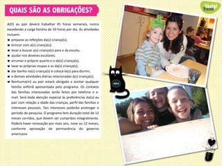 QUAIS SÃO AS OBRIGAÇÕES?
A(O) au pair deverá trabalhar 45 horas semanais, nunca
excedendo a carga horária de 10 horas por dia. As atividades
incluem:
 preparar as refeições da(s) criança(s);
 brincar com a(s) criança(s);
 levar e buscar a(s) criança(s) para e da escola;
 ajudar nos deveres escolares;
 arrumar o próprio quarto e o da(s) criança(s);
 lavar as próprias roupas e as da(s) criança(s);
 dar banho na(s) criança(s) e colocá-la(s) para dormir;
 e demais atividades diárias relacionadas à(s) criança(s).
 Nenhuma(m) au pair estará obrigada a aceitar qualquer
família anfitriã apresentada pelo programa. Os contatos
das famílias interessadas serão feitos por telefone e e-
mail. Será dada atenção especial às preferências da(o) au
pair com relação a idade das crianças, perfil das famílias e
interesses pessoais. Tais interesses poderão prolongar o
período de pesquisa. O programa tem duração total de 12
meses corridos, que devem ser cumpridos integralmente.
Poderá haver renovação por mais seis, nove ou 12 meses,
conforme aprovação de permanência do governo
americano
 