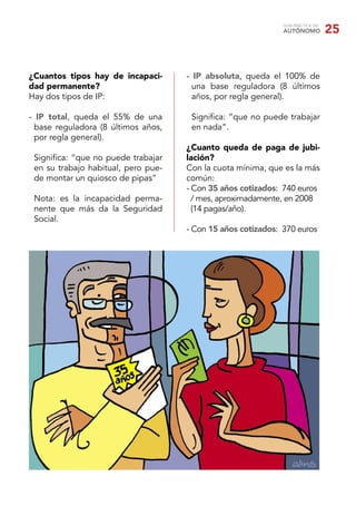 GUÍA PRÁCTICA DEL
AUTÓNOMO 25
¿Cuantos tipos hay de incapaci-
dad permanente?
Hay dos tipos de IP:
- IP total, queda el 55% de una
base reguladora (8 últimos años,
por regla general).
Signiﬁca: “que no puede trabajar
en su trabajo habitual, pero pue-
de montar un quiosco de pipas”
Nota: es la incapacidad perma-
nente que más da la Seguridad
Social.
- IP absoluta, queda el 100% de
una base reguladora (8 últimos
años, por regla general).
Signiﬁca: “que no puede trabajar
en nada”.
¿Cuanto queda de paga de jubi-
lación?
Con la cuota mínima, que es la más
común:
- Con 35 años cotizados: 740 euros
/ mes, aproximadamente, en 2008
(14 pagas/año).
- Con 15 años cotizados: 370 euros
 