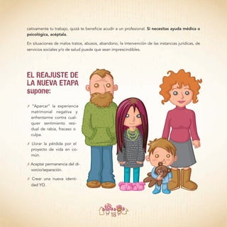 18
cativamente tu trabajo, quizá te beneﬁcie acudir a un profesional. Si necesitas ayuda médica o
psicológica, acéptala.
En situaciones de malos tratos, abusos, abandono, la intervención de las instancias jurídicas, de
servicios sociales y/o de salud puede que sean imprescindibles.
EL REAJUSTE DE
LA NUEVA ETAPA
supone:
7 “Aparcar” la experiencia
matrimonial negativa y
enfrentarme contra cual-
quier sentimiento resi-
dual de rabia, fracaso o
culpa.
7 Llorar la pérdida por el
proyecto de vida en co-
mún.
7 Aceptar permanencia del di-
vorcio/separación.
7 Crear una nueva identi-
dad YO.
 