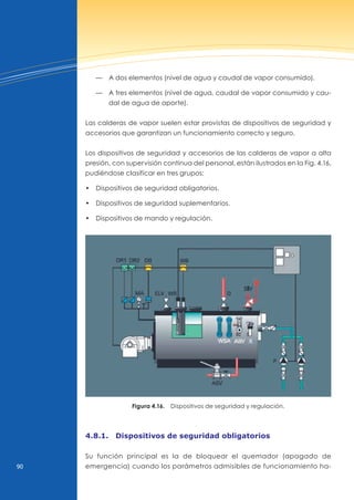 90
— A dos elementos (nivel de agua y caudal de vapor consumido).
— A tres elementos (nivel de agua, caudal de vapor consumido y cau-
dal de agua de aporte).
Las calderas de vapor suelen estar provistas de dispositivos de seguridad y
accesorios que garantizan un funcionamiento correcto y seguro.
Los dispositivos de seguridad y accesorios de las calderas de vapor a alta
presión, con supervisión continua del personal, están ilustrados en la Fig. 4.16,
pudiéndose clasificar en tres grupos:
• dispositivos de seguridad obligatorios.
• dispositivos de seguridad suplementarios.
• dispositivos de mando y regulación.
Figura 4.16. Dispositivos de seguridad y regulación.
4.8.1. dispositivos de seguridad obligatorios
Su función principal es la de bloquear el quemador (apagado de
emergencia) cuando los parámetros admisibles de funcionamiento ha-
 