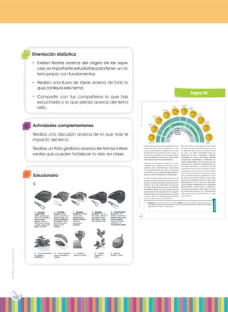 Prohibida
su
reproducción
102
A pesar de que todas estas especies forman
parte del mismo grupo taxonómico y son
muy cercanas entre sí, presentan una clara
diferenciación en la estructura de su pico, lo
cual se ha convertido en una de las pruebas
más importantes a favor de la teoría darwi-
nista de la evolución de las especies.
Después de numerosos estudios, se ha de-
mostrado que la estructura del pico de los
pinzones está directamente relacionada
con la alimentación de cada uno de ellos
y, por tanto, con los alimentos disponibles en
cada isla del archipiélago de Galápagos.
De esta manera, existen pinzones que se ali-
mentan de frutas, otros de insectos y otros de
semillas.Lospinzonesfrugívorostienenunpico
similar al de un loro, preparado para romper
los frutos; mientras que los que se alimentan
de semillas tienen un pico grueso que les
permite machacar las semillas con facilidad;
mientras que los pinzones insectívoros tienen
un pico más fino y alargado para alcanzar
larvas o cazar insectos con facilidad.
Actividades
9. Investiga acerca de los pinzones de Darwin y realiza un cuadro comparativo que represente la for-
ma y tamaño del pico de cada uno, qué come, en qué isla se encuentra y cuáles son los alimentos
disponibles en la isla en la que habita.
Este hecho es un claro ejemplo para ilustrar
las ideas de Darwin sobre la evolución de
las especies. Unas aves, en principio simila-
res, pero con cierta variabilidad entre sus
individuos, se vieron sometidas a distintos
ambientes (en cada isla existían distintas
condiciones ambientales y diferentes ali-
mentos disponibles). Esto provocó que los
individuos con distintas características fue-
ran seleccionados en las islas en las que
el ambiente les era más favorable y fueran
desapareciendo en el resto de islas. De esta
forma, los pinzones que consiguieron sobre-
vivir lo hicieron porque se adaptaron al me-
dio en el que se encontraban. Como estos
individuos se adaptaron mejor, tuvieron más
descendencia, con lo que sus característi-
cas se seguían repitiendo en las siguientes
generaciones. De esta forma, la selección
natural fue actuando hasta dejar en cada
isla solamente pinzones con características
adecuadas para la supervivencia en cada
una de ellas.
Vegetariano
Grande de
árbol
Parúlidos
(arobo-
rícolas y
terrestres)
Fruc
tívor
o
Insectívoro
Cactus
S
e
m
il
la
s
Pequeño de
árbol
Carpintero
Trinador
De cactus
común
Terrestre
de pico
Terrestre
pequeño
Terrestre
mediano
Terrestre
grande
T
i
r
o
L
o
r
o
P
i
c
o
C
o
m
p
resor
Pico escrutador
Pico
M
a
c
h
a
c
a
d
o
r
A
r
b
o
r
í
c
o
las
De
la
tierra
Prohibida
su
reproducción
90
Página 90
Solucionario
9.
Orientación didáctica
•	Existen teorías acerca del origen de las espe-
cies, es importante estudiarlas para tener un cri-
terio propio con fundamentos.
•	 Realiza una lluvia de ideas acerca de todo lo
que conlleva este tema.
•	Comparte con tus compañeros lo que has
escuchado o lo que piensa acerca del tema
visto.
Actividades complementarias
Realiza una discusión acerca de lo que más te
impactó del tema.
Realiza un folio giratorio acerca de temas intere-
santes que pueden fortalecer lo visto en clase.
 