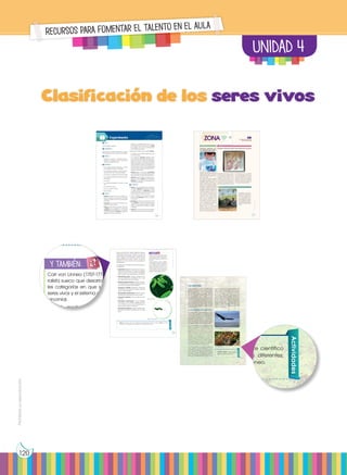 Prohibida
su
reproducción
120
UNIDAD 4
Recursos para fomentar el talento en el aula
Dentro de este reino, existen especies de gran
importancia para el ser humano, en vista de
que pueden ser patógenos que nos afecten de
forma negativa, pero también pueden habitar
habitualmente en nuestro cuerpo y crear una
simbiosis con el ser humano con la cual salimos
beneficiados.
Las especies de bacterias más importantes son
las siguientes:
• Escherichia coli: Forma parte de la flora in-
testinal de mamíferos. Es capaz de sintetizar
algunas vitaminas para uso del hospedador
por lo que es muy importante en la nutrición.
• Helicobacter pylori: Infectan células de la
mucosa intestinal en mamíferos por lo que
son capaces de provocar úlceras.
• Rhizobium leguminosarum: Muestra una rela-
ción simbiótica en las raíces de algunas plan-
tas a las que ayuda a fijar nitrógeno.
• Anabaena variabilis: Establecen relaciones
de simbiosis con plantas y hongos a quienes
ayuda a fijar nitrógeno.
• Mycobacterium tuberculosis: Provocan la enfer-
medad de la tuberculosis en el ser humano.
• Treponema pallidum: Causa la sífilis en el ser
humano.
• Chlamydia pneumoniae: Es una bacteria
que actúa como parásito obligatorio tanto
en mamíferos como en aves. Puede llegar a
provocar bronquitis y neumonías.
• Thermotoga marítima: Habitan fuentes hidro-
termales y soportan temperaturas de hasta
80 °C.
Actividades
2. Busca información sobre cinco organismos pertenecientes al reino monera e indica su nombre
científico, su morfología y su importancia en la vida del ser humano.
Escherichia coli
http://goo.gl/K36esy
Helicobacter pylori
http://goo.gl/0Zo
R
J
u
y también:
E
N
G
R
UPO
Y
T
A
M
B
IÉN
T
I
C
S
R
E
C
O
R
T
A
BLES
C
A
L
C
U
L
A
DORA
Carl von Linneo (1707-1778) fue un natu-
ralista sueco que desarrolló las principa-
les categorías en que se organizan los
seres vivos y el sistema de nomenclatura
binomial.
Estudió medicina, aunque mostraba
una verdadera afición por la botánica.
En 1735 publicó su Systema naturae (Sis-
tema natural), donde se propone de
forma esquemática un sistema de cla-
sificación taxonómica para los reinos
animal, vegetal y mineral. El sistema de
clasificación que propuso para el reino
vegetal continúa vigente hoy en día.
Prohibida
su
reproducción
122 123
Clasificación de los seres vivos
UD. 4
ZONA
Científicos argentinos clo-
nan especies para preser-
var biodiversidad animal
Científicos mexicanos hallan nueva especie de octocoral
Un grupo de científicos argentinos
trabaja en pos de preservar la biodi-
versidad animal, para lo cual avan-
zan en la clonación de especies exó-
ticas como la chita.
«Es un primer paso, porque nuestro
gran objetivo es evitar la extinción
de especies autóctonas, como el
yaguareté», explicó en diálogo con
Xinhua, Daniel Salamone, profesor
asociado en la Facultad de Agro-
nomía de la Universidad de Buenos
Aires (UBA) y miembro del Conicet,
el principal organismo público de
investigación y ciencia de Argentina.
El experto enfatizó que de ma-
nera momentánea el grupo a su
cargo trabaja «sobre especies
no nativas, pero nuestro gran
objetivo es que algunas espe-
cies, como el yaguareté, que
está en peligro de extinción, no
se extingan y se pueda preser-
var la biodiversidad». Mira la
noticia completa en el siguiente
link: http://goo.gl/HHdbso.
Mientras que en el siguiente
enlace podrás encontrar una
exposición sobre Linneo y su sis-
tema de nomenclatura de las
especies: https://goo.gl/lQN8ye.
SOCIEDAD
SENTIDO CRÍTICO
Biólogos marinos de la Universi-
dad Autónoma de Baja Califor-
nia Sur (UABCS), mediante una
investigación reciente, han des-
cubierto lo que podría ser una
nueva especie de octocoral en
las aguas de Bahía Magdalena.
Uno de los investigadores, Javier
Alcalá Santoyo, dijo que provi-
sionalmente ha sido nombrada
como Pacifigorgia naranja, por
su tonalidad brillante y porque
facilita la identificación del es-
pécimen entre los integrantes
del equipo de científicos. Mira la
noticia completa en el siguiente
link: https://goo.gl/Qo0VDW.
http://goo.gl/mn7ELL
SI YO FUERA
Un zoólogo, me especia-
lizaría en el estudio de los
animales, su clasificación
y su funcionamiento, tan-
to a nivel fisiológico como
comportamental. Trabaja-
ría en zoológicos llevando
a cabo labores de conser-
vación de la biodiversidad
animal.
http://goo.gl/64cwJT
http://goo.gl/vtgKAk
Prohibida
su
reproducción
145
1.Losseresvivos
Si algo caracteriza a la vida es la gran diversi-
dad de formas en que se presenta. Los distintos
tipos de organización celular y la especializa-
ción en tejidos, órganos y aparatos o sistemas
dan como resultado la existencia de individuos
con características diversas entre sí. De esta
enorme diversidad surgen dos necesidades:
en primer lugar, utilizar un sistema de nomen-
clatura de uso internacional que permita iden-
tificarconclaridadalosseresvivos.Ensegundo
lugar, clasificar a estos seres vivos para facilitar
su estudio; es decir, agruparlos según caracte-
rísticas similares.
1.1. Nomenclatura de los seres vivos
En el siglo XVIII, el naturalista sueco Carlos
Linneo creó un sistema de nomenclatura
que ayuda a identificar a todas las especies
y, más tarde, a agruparlas y clasificarlas. A
este sistema lo conocemos como sistema bi-
nomial, ya que, en principio, requiere de la
utilización de dos nombres, y es el sistema
que seguimos utilizando en la actualidad.
Tal y como propuso Linneo, el nombre que
recibe cada especie lo conocemos como
nombre científico y consta, por tanto, de
dos partes: el nombre genérico y el nombre
epíteto específico. A los nombres científicos
debemos escribirlos siempre en cursiva (solo
cuando no sea posible usar la cursiva es-
cribiremos con subrayado). A la inicial del
nombre genérico la escribimos siempre con
mayúscula, mientras que al epíteto específi-
co lo escribimos con minúscula. Por ejemplo,
el nombre científico del jaguar es Panthera
onca y el del cóndor es Vultur gryphus.
Al nombre genérico lo podemos utilizar por
sí solo cuando hacemos referencia al con-
junto total de especies que pertenecen al
mismo género. Por ejemplo, tanto el caba-
llo como la cebra pertenecen al género
Equus. Sin embargo, el epíteto específico no
sirve como identificador por sí solo y no lo
podemos utilizar sin el nombre genérico. De
hecho, existen especies que tienen el mismo
epíteto específico y no tienen ningún parentes-
co como Drosophila melanogaster, la mosca
del vinagre; y Thamnophis melanogaster, una
culebra semiacuática. Al epíteto específico lo
solemos utilizar para indicar alguna caracterís-
tica de la especie; en este caso, melanogaster
significa ‘vientre negro’. En el caso del romero
(Rosmarinus officinalis) y el toronjil (Melissa offi-
cinalis), el epíteto específico officinalis indica
que lo usábamos en medicina y lo encontrá-
bamos en herbolarios.
Actividades
1. Investiga y escribe el nombre científico
de diez animales y plantas diferentes;
usa las normas fijadas por Linneo.
https://goo.gl/PHII7l
http://goo.gl/Zse2om
Vultur gryphus
Panthera onca
Prohibida
su
reproducción
120
• Sujeten un portalámparas con un foco,
por la parte interior de cada tapa. Tapen
las cubetas y los focos se pueden tener
encendidos todo el día.
Además, en el terrario de los adultos añadan:
• Un ladrillo en un extremo para que pue-
dan esconderse.
• Un ponedero, coloquen algodón moja-
do en el fondo del recipiente pequeño, y
tierra encima. Una rampa de papel per-
mitirá que suban las hembras. Allí depo-
sitarán pequeños huevos blanquecinos.
Se mantendrá húmedo para favorecer la
eclosión de los huevos. Diez días después
de las primeras puestas, se traslada el po-
nedero al otro terrario.
• Pongan pienso y lechuga y renuévenlos
semanalmente. La lechuga debe lavarse
bien para eliminar restos de insecticida.
• Observen diariamente a los grillos a lo lar-
go de un mes y anoten sus actividades.
Atiendan al momento de la puesta para
trasladar el ponedero.
Cuestiones:
2. Fíjense en las actividades que realizan los
animales, deduzcan cuáles son machos
y cuáles hembras, y describan las dife-
rencias entre ellos. ¿Cuál de los dos sexos
emite sonidos? ¿Cuándo lo hace?
3. ¿Cómo efectúan las hembras la puesta
de huevos? Describan la forma y el tama-
ño de estos.
4. Describan las crías en el momento de na-
cer. Cuenten el número de cambios que
hacen las crías antes de llegar al estado
adulto. ¿Cuánto tiempo tardan en llegar
a adultos?
5. Resuman en un informe todas las observa-
ciones y describan el ciclo vital completo.
Experimento
Tema:
Ciclo biológico del grillo
Investigamos:
Esta práctica consiste en montar un terrario
para observar el ciclo biológico de los grillos.
Objetivo:
• Preparar un terrario y mantener las con-
diciones necesarias para la vida de los
insectos y su reproducción.
Materiales:
• Cinco grillos (Gryllus bimaculatus o Ache-
ta domestica) machos y hembras
• Dos cubetas de plástico o vidrio de dimen-
siones 50 x 30 x 30 cm de profundidad
• Una tapa con agujeros para cada cubeta
• Una cubeta pequeña de tierra recogida
del bosque
• Un ladrillo
• Un recipiente pequeño, de unos 5 cm de
alto
• Dos tubos de ensayo
• Dos focos de 60 o 100 W
• Una lechuga
Proceso:
1. Monten dos terrarios con las cubetas; uno
para los adultos y para que las hembras
hagan la puesta; en el otro, eclosionarán
los huevos.
• Coloquen una capa fina de tierra en el
fondo de cada cubeta.
• Llenen los dos tubos de ensayo con agua
y obturen con un algodón. A cada uno
coloquen horizontalmente en un terrario
y será el bebedero. Cambien el agua y el
algodón una vez por semana.
Prohibida
su
reproducción
142 143
de gran
vista de
ecten de
n habitar
rear una
al salimos
antes son
a flora in-
sintetizar
pedador
nutrición.
as de la
or lo que
una rela-
nas plan-
.
elaciones
a quienes
n la enfer-
http://goo.gl/K36esy
y también:
E
N
G
R
UPO
Y
T
A
M
B
IÉN
T
I
C
S
R
E
C
O
R
T
A
BLES
C
A
L
C
U
L
A
DORA
Carl von Linneo (1707-1778) fue un natu-
ralista sueco que desarrolló las principa-
les categorías en que se organizan los
seres vivos y el sistema de nomenclatura
binomial.
Estudió medicina, aunque mostraba
una verdadera afición por la botánica.
En 1735 publicó su Systema naturae (Sis-
tema natural), donde se propone de
forma esquemática un sistema de cla-
sificación taxonómica para los reinos
animal, vegetal y mineral. El sistema de
clasificación que propuso para el reino
vegetal continúa vigente hoy en día.
Si algo caracteriza a la vida es la gran diversi-
dad de formas en que se presenta. Los distintos
tipos de organización celular y la especializa-
ción en tejidos, órganos y aparatos o sistemas
dan como resultado la existencia de individuos
con características diversas entre sí. De esta
enorme diversidad surgen dos necesidades:
en primer lugar, utilizar un sistema de nomen-
clatura de uso internacional que permita iden-
tificarconclaridadalosseresvivos.Ensegundo
lugar, clasificar a estos seres vivos para facilitar
su estudio; es decir, agruparlos según caracte-
rísticas similares.
1.1. Nomenclatura de los seres vivos
En el siglo XVIII, el naturalista sueco Carlos
Linneo creó un sistema de nomenclatura
que ayuda a identificar a todas las especies
y, más tarde, a agruparlas y clasificarlas. A
este sistema lo conocemos como sistema bi-
nomial, ya que, en principio, requiere de la
utilización de dos nombres, y es el sistema
que seguimos utilizando en la actualidad.
Tal y como propuso Linneo, el nombre que
recibe cada especie lo conocemos como
nombre científico y consta, por tanto, de
dos partes: el nombre genérico y el nombre
epíteto específico. A los nombres científicos
debemos escribirlos siempre en cursiva (solo
cuando no sea posible usar la cursiva es-
cribiremos con subrayado). A la inicial del
nombre genérico la escribimos siempre con
mayúscula, mientras que al epíteto específi-
co lo escribimos con minúscula. Por ejemplo,
el nombre científico del jaguar es Panthera
onca y el del cóndor es Vultur gryphus.
Al nombre genérico lo podemos utilizar por
sí solo cuando hacemos referencia al con-
junto total de especies que pertenecen al
mismo género. Por ejemplo, tanto el caba-
llo como la cebra pertenecen al género
Equus. Sin embargo, el epíteto específico no
sirve como identificador por sí solo y no lo
podemos utilizar sin el nombre genérico. De
hecho, existen especies que tienen el mismo
epíteto específico y no tienen ningún parentes-
co como Drosophila melanogaster, la mosca
del vinagre; y Thamnophis melanogaster, una
culebra semiacuática. Al epíteto específico lo
solemos utilizar para indicar alguna caracterís-
tica de la especie; en este caso, melanogaster
significa ‘vientre negro’. En el caso del romero
(Rosmarinus officinalis) y el toronjil (Melissa offi-
cinalis), el epíteto específico officinalis indica
que lo usábamos en medicina y lo encontrá-
bamos en herbolarios.
Actividades
1. Investiga y escribe el nombre científico
de diez animales y plantas diferentes;
usa las normas fijadas por Linneo.
https://goo.gl/PHII7l
http://goo.gl/Zse2om
Vultur gryphus
Panthera onca
Prohibida
su
reproducción
120
 