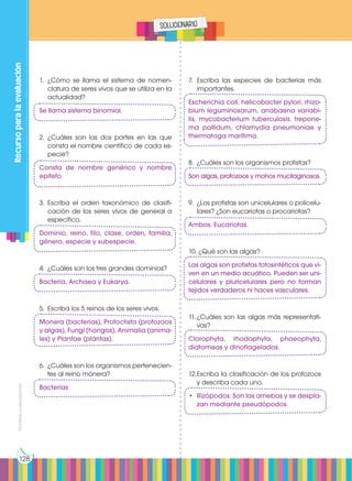 Prohibida
su
reproducción
128
Recurso
para
la
evaluación
solucionario
1.	¿Cómo se llama el sistema de nomen-
clatura de seres vivos que se utiliza en la
actualidad?
Se llama sistema binomial.
2.	¿Cuáles son las dos partes en las que
consta el nombre científico de cada es-
pecie?
Consta de nombre genérico y nombre
epíteto
3.	Escriba el orden taxonómico de clasifi-
cación de los seres vivos de general a
específico.
Dominio, reino, filo, clase, orden, familia,
género, especie y subespecie.
4.	 ¿Cuáles son los tres grandes dominios?
Bacteria, Archaea y Eukarya.
5.	 Escriba los 5 reinos de los seres vivos.
Monera (bacterias), Protoctista (protozoos
y algas), Fungi (hongos), Animalia (anima-
les) y Plantae (plantas).
6.	 ¿Cuáles son los organismos pertenecien-
tes al reino mónera?
Bacterias
7.	Escriba las especies de bacterias más
importantes.
Escherichia coli, helicobacter pylori, rhizo-
bium leguminosarum, anabaena variabi-
lis, mycobacterium tuberculosis, trepone-
ma pallidum, chlamydia pneumoniae y
thermatoga marítima.
8.	 ¿Cuáles son los organismos protistas?
Son algas, protozoos y mohos mucilaginosos.
9.	 ¿Los protistas son unicelulares o policelu-
lares? ¿Son eucariotas o procariotas?
Ambos. Eucariotas.
10.	¿Qué son las algas?
Las algas son protistas fotosintéticos que vi-
ven en un medio acuático. Pueden ser uni-
celulares y pluricelulares pero no forman
tejidos verdaderos ni haces vasculares.
11.	
¿Cuáles son las algas más representati-
vas?
Clorophyta, rhodophyta, phaeophyta,
diatomeas y dinoflagelados.
12.	
Escriba la clasificación de los protozoos
y describa cada uno.
•	 Rizópodos: Son las amebas y se despla-
zan mediante pseudópodos.
 