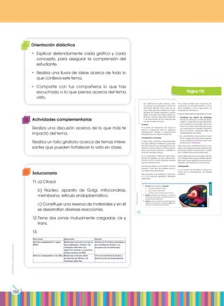Prohibida
su
reproducción
180
• Las moléculas de gran tamaño, como
los enzimas que polimerizan el ADN, son
demasiado grandes para pasar por los
poros. Estas grandes proteínas son iden-
tificadas de manera específica cuando
llegan a los poros, los cuales pueden mo-
dificarse y ensancharse para adaptarse
a las dimensiones de las moléculas que
han de acceder al núcleo.
El citosol
Es la parte del citoplasma que ocupa el
espacio comprendido entre los orgánulos
membranosos. También lo denominamos
hialoplasma por su aspecto translúcido.
Composición y funciones
El citosol está constituido mayoritariamente
por agua; además, contiene una gran varie-
dad de sustancias que intervienen en el me-
tabolismo celular: proteínas, ARN de diversos
tipos, aminoácidos, glúcidos, nucleótidos e
iones de naturaleza diversa.
En su composición, destaca la gran abun-
dancia de proteínas, ya que a menudo en-
tre el 25 y el 50 % de las proteínas celulares
forman parte del citosol.
Entre estas proteínas, se encuentran miles de
enzimas y otros tipos de proteínas que for-
man estructuras organizadas.
Esta abundancia de proteínas lo hace simi-
lar a una sustancia gelatinosa altamente
organizada.
Actividades
11. Observa esta fotografías y responde:
a. ¿De qué orgánulos se trata?
b. ¿Qué partes se distinguen?
c. ¿Cuáles son sus funciones en la célula?
12. Explica qué significa la afirmación: «El aparato
de Golgi se encuentra morfológicamente y fi-
siológicamente polarizado».
13. Explica qué tipos de retículos endoplasmáticos
podemos encontrar en una célula y cita las se-
mejanzas y las diferencias entre ellos.
http://goo.gl/tw1lSs
En el citosol también hay inclusiones, prin-
cipalmente de naturaleza lipídica o de re-
serva energética, como el glucógeno, no
rodeadas de membranas.
El citosol desempeña las siguientes funciones:
• Constituye una reserva de materiales:
Glucosa en disolución y partículas de glu-
cógeno o gotas lipídicas que intervienen
en la producción de energía. Estas inclu-
siones no son fijas ni permanentes, ya que
son arrastradas por corrientes citoplasmá-
ticas y se forman o deshacen según las
necesidades de las células.
• Sus características fisicoquímicas hacen
de él un lugar adecuado para el desarro-
llo de numerosas reacciones, tanto ana-
bólicas como catabólicas.
Estas reacciones metabólicas forman com-
plejas rutas interrelacionadas (degradación
de hexosas, lípidos, aminoácidos y nucleóti-
dos, y síntesis de las mismas sustancias).
Hemos destacado, en la composición del cito-
sol, la presencia de una gran cantidad de pro-
teínas. Muchas se organizan formando el cito-
esqueleto, que describimos a continuación.
Citoesqueleto
Es un conjunto de filamentos y túbulos for-
mados por la polimerización de diversas
proteínas.
Prohibida
su
reproducción
172
Página 172
Orientación didáctica
•	Explicar detenidamente cada gráfico y cada
concepto, para asegurar la comprensión del
estudiante.
•	 Realiza una lluvia de ideas acerca de todo lo
que conlleva este tema.
•	Comparte con tus compañeros lo que has
escuchado o lo que piensa acerca del tema
visto.
Actividades complementarias
Realiza una discusión acerca de lo que más te
impactó del tema.
Realiza un folio giratorio acerca de temas intere-
santes que pueden fortalecer lo visto en clase.
Solucionario
11.	a) Citosol.
	 b) Núcleo, aparato de Golgi, mitocondrias,
membrana, retículo endoplasmático.
	 c) Constituye una reserva de materiales y en él
se desarrollan diversas reacciones.
12.	
Tiene dos zonas mutuamente cargadas: cis y
trans.
13.
 