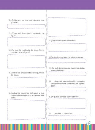 Prohibida
su
reproducción
27
12.	
¿Cuáles son las dos biomoléculas inor-
gánicas?
13.	
¿Cómo está formada la molécula de
agua?
14.	
¿Por qué la molécula de agua forma
puentes de hidrógeno?
15.	
Escriba las propiedades fisicoquímicas
del agua.
16.	
Escriba las funciones del agua y que
propiedad fisicoquímica le permite rea-
lizarlo.
17.	¿Qué son las sales minerales?
18.	
Escriba los dos tipos de sales minerales:
19.	
¿De qué dependen las funciones de las
sales minerales?
20.	 ¿Por cuál elemento están formados
principalmente las biomoléculas orgáni-
cas?
21.	¿A qué se conoce como ósmosis?
22.	 ¿Qué es la plasmólisis?
 