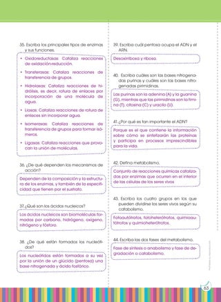 Prohibida
su
reproducción
63
35. Escriba los principales tipos de enzimas
y sus funciones.
•	Oxidoreductasas: Cataliza reacciones
de oxidación-reducción.
•	
Transferasas: Cataliza reacciones de
transferencia de grupos.
•	Hidrolasas: Cataliza reacciones de hi-
drólisis, es decir, rotura de enlaces por
incorporación de una molécula de
agua.
•	 Liasas: Cataliza reacciones de rotura de
enlaces sin incorporar agua.
•	
Isomerasas: Cataliza reacciones de
transferencia de grupos para formar isó-
meros.
•	 Ligasas: Cataliza reacciones que provo-
can la unión de moléculas.
36. ¿De qué dependen los mecanismos de
acción?
Dependen de la composición y la estructu-
ra de los enzimas, y también de la especifi-
cidad que tienen por el sustrato.
37.	¿Qué son los ácidos nucleicos?
Los ácidos nucleicos son biomoléculas for-
madas por carbono, hidrógeno, oxígeno,
nitrógeno y fósforo.
38. ¿De qué están formados los nucleóti-
dos?
Los nucleótidos están formados a su vez
por la unión de un glúcido (pentosa) una
base nitrogenada y ácido fosfórico.
39. Escriba cuál pentosa ocupa el ADN y el
ARN.
Desoxirribosa y ribosa.
40. Escriba cuáles son las bases nitrogena-
das purinas y cuáles son las bases nitro-
genadas pirimidinas.
Las purinas son la adenina (A) y la guanina
(G), mientras que las pirimidinas son la timi-
na (T), citosina (C) y uracilo (U).
41.	¿Por qué es tan importante el ADN?
Porque es el que contiene la información
sobre cómo se sintetizarán las proteínas
y participa en procesos imprescindibles
para la vida.
42. Defina metabolismo.
Conjunto de reacciones químicas cataliza-
das por enzimas que ocurren en el interior
de las células de los seres vivos
43. Escriba los cuatro grupos en los que
pueden dividirse los seres vivos según su
catabolismo.
Fotoautótrofos, fotoheterótrofos, quimioau-
tótrofos y quimioheterótrofos.
44. Escriba las dos fases del metabolismo.
Fase de síntesis o anabolismo y fase de de-
gradación o catabolismo.
 