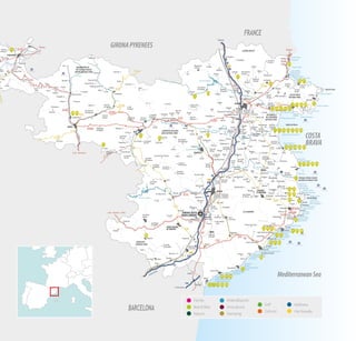 Estany de Banyoles
Pantà de Boadella
Pantà de Susqueda
C-31
C-25
C-31
C-66
el Segre
el Freser
el Ter
el Fluvià
la Muga
el Ter
el Ter
l’Onyar
A-19
10
9
8
7
6B
6
AP-7
AP-7
5
4
3
2
AP-7
C-252
FRANCE
BARCELONA
59
50 51
811 26 56 58
44 57413612
1
10
13
17
15
42
49 4
35
6
14
54
60
9
68
40
5 7 18 34 65
61 64
67 69
21
23
6224 48
45
25
19 29 39 55
22 28 52 53
2 30 33 37 38 63
70
27
32
3
16
31
71
4643
47
20
Family
Bed & Bike
Nature
Water&Sports
Vinicultural
Glamping
Golf
Pet friendlyCultural
Wellness
66
 