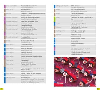 5554
Santa Cristina d’Aro Associació de Concerts d'Aro
www.santacristina.cat
Sarrià de Ter Mercat de Nadal
www.sarriadeter.cat
Setcases Fira Mercat d’ herbes i productes naturals
www.setcases.cat
Torroella de Montgrí Festival de Torroella de Montgrí
www.festivaldetorroella.cat
Torroella de Montgrí FIMAG. Fira de Màgia al carrer
www.fimag-magia.com
Torroella de Montgrí Fira de Sant Andreu
www.firestorroella.com
Torroella de Montgrí Fira Mediterrània, Mar Obert
www.visitestartit.com
Torroella de Montgrí Jazz Festival l' Estartit
www.festivaldetorroella.cat
Torroella de Montgrí Mercat del Món
www.festivaldetorroella.com
Tortellà Ajuntament de Tortellà
www.tortella.cat
Tossa de Mar Carnestoltes d'estiu
www.tossademar.cat
Tossa de Mar Diada del pescador
www.infotossa.com
Tossa de Mar El Pelegrí de Tossa
www.infotossa.com
Tossa de Mar Festival de música i rumba catalana
www.infotossa.com
Tossa de Mar Fira de Nadal
www.tossademar.cat
Tossa de Mar Fira del Dibuix i la Pintura
www.infotossa.com
Tossa de Mar Premi Internacional Tossa de Mar de la
Pintura Ràpida
www.tossademar.cat
Tossa de Mar Toquen a córrer. Ses nou sardanes
www.infotossa.com
Vall de Llemena Festa Remença
www.valldellemena.cat/?tool=llemena&-
tool_section=pagina&action=show_recor-
d&pagina_id=212&language=cat
Vallfogona de Ripollès El Ball del Roser
www.ddgi.es/vallfogona
Verges Fira i Festa de les Labors
laborsemporda.blogspot.com
Verges L’Encant de l’Empordà
www.verges.cat
Verges La Processó de Verges i la Dansa de la
Mort
www.laprocesso.cat/
Verges Vespres Sota el Campanar
www.verges.cat
Vidreres Fira Agrícola i de Tractoristes
www.vidreres.com
Vilallonga de Ter Firallonga - viure a pagès
www.vilallongadeter.cat
Vilamalla Fira de Sant Josep
www.vilamalla.cat
Ball de sardanes i aplecs
Carnestoltes
Celebracions de Nadal
Correfocs
ÍTACA Cultura i Acció a l' Empordà
www.itacacultura.cat
Trobada de gegants i capgrossos
Trobada de puntaires
Arxiu d’imatges PTCBG · Maria Geli – Pilar Planagumà
 