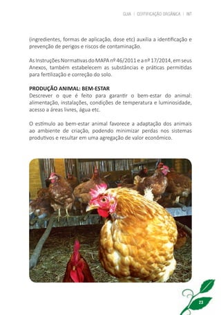 GUIA | CERTIFICAÇÃO ORGÂNICA | INT
23
(ingredientes, formas de aplicação, dose etc) auxilia a identificação e
prevenção de perigos e riscos de contaminação.
AsInstruçõesNormativasdoMAPAnº46/2011eanº17/2014,emseus
Anexos, também estabelecem as substâncias e práticas permitidas
para fertilização e correção do solo.
PRODUÇÃO ANIMAL: BEM-ESTAR
Descrever o que é feito para garantir o bem-estar do animal:
alimentação, instalações, condições de temperatura e luminosidade,
acesso a áreas livres, água etc.
O estímulo ao bem-estar animal favorece a adaptação dos animais
ao ambiente de criação, podendo minimizar perdas nos sistemas
produtivos e resultar em uma agregação de valor econômico.
cartilha_v11-Folha de Rosto+ISBN_ARTEFINAL_180417_correcoes.indd 23 18/04/2017 17:45:55
 