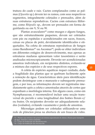 trutura do caule e raiz. Cactos complanados como as pal-
mas (Opuntia sp.) devem ter os ramos, com seus respectivos
segmentos, integralmente coletados e prensados, além de
suas estruturas reprodutivas. Cactos com estrutura filifor-
me, como Rhipsalis sp., devem ser prensados em forma de
guirlanda ou em V, N ou W.
Plantas avasculares*2
como musgos e alguns fungos,
que são estruturalmente pequenos, devem ser coletados
com pás ou espátulas e acondicionados em sacos, frascos,
caixas ou placas de petri, devidamente identificados e eti-
quetados. Na coleta de estruturas reprodutivas de fungos
como Basidiomas*3
ou Ascomas*4
, pode-se obter indivíduos
em diferentes estágios de desenvolvimento, mas apenas as
estruturas maduras apresentam valor taxonômico e serão
analisadas microscopicamente. Deverão ser acondicionadas
amostras individuais, em recipientes distintos, evitando-se
a mistura das espécies e de seus respectivos esporos.
A coleta de espécies aquáticas requer cuidado, dada
a fragilidade das plantas que se quebram facilmente após
a remoção da água. Características úteis para identificação
podem desintegrar com o manuseio e subsequente prensa-
gem, e por isso, as informações devem ser registradas ime-
diatamente após a coleta e amostradas através de cortes que
exponham a morfologia interna. Em alguns casos, como em
Nymphaeaceae, é recomendável incluir uma secção trans-
versal do pecíolo e uma longitudinal dos botões florais e/
ou frutos. Os recipientes deverão ser adequadamente sela-
dos (vedados), evitando vazamento e perda de amostras.
Microalgas podem ser coletadas utilizando-se uma
rede de plâncton presa na abertura de um frasco de vidro.
*2— Plantas cuja estrutura não possui um sistema especializado de xilema e floema para transporte
de água, minerais e outros nutrientes.
*3— Corpo de frutificação dos Basidiomycetes.
*4— Corpo de frutificação dos Ascomycota.
15
 