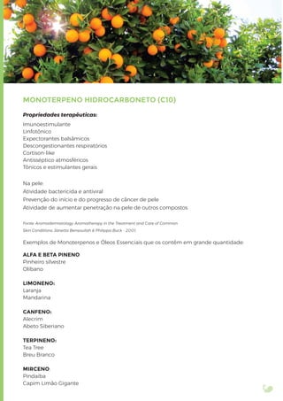 Propriedades terapêuticas:
Imunoestimulante
Linfotônico
Expectorantes balsâmicos
Descongestionantes respiratórios
Cortison-like
Antisséptico atmosféricos
Tônicos e estimulantes gerais
Na pele:
Atividade bactericida e antiviral
Prevenção do início e do progresso de câncer de pele
Atividade de aumentar penetração na pele de outros compostos
Fonte: Aromadermatology: Aromatherapy in the Treatment and Care of Common
Skin Conditions: Janetta Bensouilah & Philippa Buck - 2001.
Exemplos de Monoterpenos e Óleos Essenciais que os contêm em grande quantidade:
ALFA E BETA PINENO
Pinheiro silvestre
Olíbano
LIMONENO:
Laranja
Mandarina
CANFENO:
Alecrim
Abeto Siberiano
TERPINENO:
Tea Tree
Breu Branco
MIRCENO:
Pindaíba
Capim Limão Gigante
MONOTERPENO HIDROCARBONETO (C10)
 