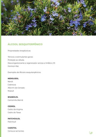 ÁLCOOL SESQUITERPÊNICO
Propriedades terapêuticas:
Tônicos e estimulantes gerais
Proteção as células
Descongestionante e regenerador venoso e linfático (!!!)
Hormon-like
Exemplos de Álcoois sesquiterpênicos:
NEROLIDOL
Néroli
Cabreúva
Alecrim do Cerrado
Niaouli
BISABOLOL
Camomila Alemã
CEDROL
Cedro da Virgínia
Cedro do Texas
PATCHOULOL
Patchouli
CAROTOL
Cenoura sementes
 