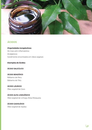 ÁCIDOS
Propriedades terapêuticas:
Os mais anti-inﬂamatórios
Analgésicos
Geralmente encontrados em óleos vegetais
Exemplos de Ácidos:
ÁCIDO SALICÍLICO
ÁCIDO BENZÓICO
Bálsamo de Peru
Bálsamo do Tolu
ÁCIDO LÁURICO
Óleo vegetal de Coco
ÁCIDO ALFA-LINOLÊNICO
Óleo vegetal de Linhaça, Rosa Mosqueta
ÁCIDO GADOLÉICO
Óleo vegetal de Jojoba
 