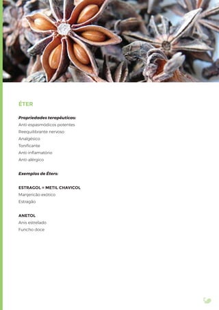 ÉTER
Propriedades terapêuticas:
Anti-espasmódicos potentes
Reequilibrante nervoso
Analgésico
Toniﬁcante
Anti-inﬂamatório
Anti-alérgico
Exemplos de Éters:
ESTRAGOL = METIL CHAVICOL
Manjericão exótico
Estragão
ANETOL
Anis estrelado
Funcho doce
 