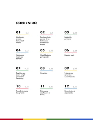 01 p. 5
p. 16
p. 42
p. 58
p. 9
p. 22
p. 48
p. 66
p. 12
p. 33
p. 55
p. 70
04
07
10
02
05
08
11
03
06
09
12
Introducción
avances
Comunidad
Andina
Medidas de
incentivo a
MIPYMEs
Requisitos que
deben cumplir
proveedores
interesados
Procedimientos de
Impugnación
Funcionamiento
general de los
Sistemas de
Contratación
Pública
Modalidades de
participación
Garantías
Sistemas de
clasificación de
bienes
Legislación
pertinente
Etapas a seguir
Tratamiento a
consorcios y
subcontratación
Herramientas de
capacitación
CONTENIDO
 