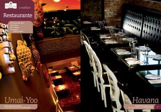 o melhor


Restaurante
         2º Puerto del Toro
         3º Andrea
         4º La Barra
         5º Osaka
            Casa Di Paolo




Umai-Yoo
www.umai-yoo.com.br
                                                  Havana
                                                      www.havanacafe.com.br
                                                                                      9
Rua Marques do Herval, 315 | 54 3537.6667   Rua Augusto Pestana, 145 | 54 3224.6619
 