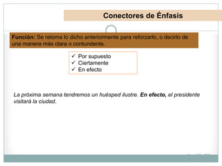 ¿Qué son?
Conectores de Énfasis
Función: Se retoma lo dicho anteriormente para reforzarlo, o decirlo de
una manera más clara o contundente.
 Por supuesto
 Ciertamente
 En efecto
La próxima semana tendremos un huésped ilustre. En efecto, el presidente
visitará la ciudad.
 