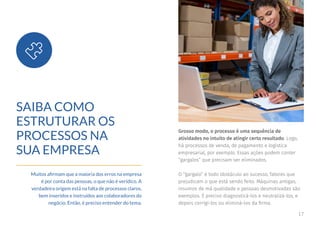 17
SAIBA COMO
ESTRUTURAR OS
PROCESSOS NA
SUA EMPRESA
Muitos afirmam que a maioria dos erros na empresa
é por conta das pessoas, o que não é verídico. A
verdadeira origem está na falta de processos claros,
bem inseridos e instruídos aos colaboradores do
negócio. Então, é preciso entender do tema.
Grosso modo, o processo é uma sequência de
atividades no intuito de atingir certo resultado. Logo,
há processos de venda, de pagamento e logística
empresarial, por exemplo. Essas ações podem conter
“gargalos” que precisam ser eliminados.
O “gargalo” é todo obstáculo ao sucesso, fatores que
prejudicam o que está sendo feito. Máquinas antigas,
insumos de má qualidade e pessoas desmotivadas são
exemplos. É preciso diagnosticá-los e neutralizá-los, e
depois corrigi-los ou eliminá-los da firma.
 