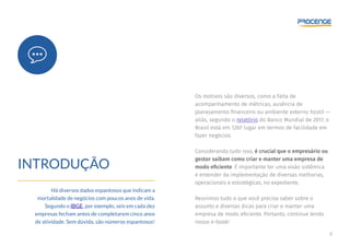 4
INTRODUÇÃO
Há diversos dados espantosos que indicam a
mortalidade de negócios com poucos anos de vida.
Segundo o IBGE, por exemplo, seis em cada dez
empresas fecham antes de completarem cinco anos
de atividade. Sem dúvida, são números espantosos!
Os motivos são diversos, como a falta de
acompanhamento de métricas, ausência de
planejamento financeiro ou ambiente externo hostil —
aliás, segundo o relatório do Banco Mundial de 2017, o
Brasil está em 126º lugar em termos de facilidade em
fazer negócios.
Considerando tudo isso, é crucial que o empresário ou
gestor saibam como criar e manter uma empresa de
modo eficiente. É importante ter uma visão sistêmica
e entender da implementação de diversas melhorias,
operacionais e estratégicas, no expediente.
Reunimos tudo o que você precisa saber sobre o
assunto e diversas dicas para criar e manter uma
empresa de modo eficiente. Portanto, continue lendo
nosso e-book!
 