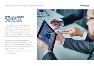 8
POR QUE O PLANEJAMENTO ESTRATÉGICO É IMPORTANTE?
DIFERENCIAÇÃO DA
CONCORRÊNCIA
MERCADOLÓGICA
Como explicado pelo professor Luecke,
a estratégia é um plano com foco na
diferenciação. O intuito é fazer diferente
do que outras empresas fazem, tornar
táteis objetivos desafiadores e promover o
sucesso da empresa e de seus stakeholders.
Infelizmente, muitos gestores ainda
investem pouco tempo no assunto. Como
resultado, não conseguem criar empresas
bem-sucedidas, muito menos mantê-las de
modo sustentável no mercado.
Então, é preciso estabelecer um bom
plano estratégico.
 