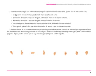 35
Guía-Cuaderno 2: Atención educativa de alumnos y alumnas con discapacidad auditiva
La LSM está constituida por una inﬁnidad de conceptos que se reconocen como señas, y cada una de ellas cuenta con:
» Conﬁguración manual: forma que adopta la mano para hacer la seña.
» Orientación: dirección a la que se dirige la palma de la mano en el espacio señante.
» Movimiento: dirección a la que se dirige la seña con relación al señante.
» Ubicación espacial: donde se ejecuta la seña con relación al señante (cuadrante señante).
» Gesto: gestos gramaticales que van acompañados de la seña y que no pueden separarse.
El alfabeto manual de la LSM está constituido por 28 conﬁguraciones manuales (formas de la mano) que representan letras
del alfabeto español. Estas conﬁguraciones se utilizan para deletrear conceptos que no se pueden signar, tales como: nombres
propios o alguna palabra para la que no hay una seña; por ejemplo: la palabra orquídea.
discapacidad auditiva.indd 35 26/11/13 08:58
 