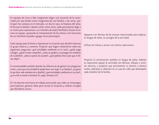 80
Guía-Cuaderno 2: Atención educativa de alumnos y alumnas con discapacidad auditiva
En equipos de cinco a diez integrantes eligen una situación de la comu-
nidad y/o casa donde varios integrantes de una familia, o de varias, par-
ticipan: las compras en el mercado, un día en casa, la limpieza del solar,
el día que la abuela o abuelo cantó, entre otros. Cada participante elige a
un títere para representar a un miembro de esa(s) familia(s).Actúan la es-
cena en equipo, ajustando la interpretación de los títeres a las funciones
de sus familiares (pueden agregar otros personajes).
Cada equipo pasa al frente a representar la situación que decidió mientras
el grupo observa y comenta. Propiciar que hagan comentarios sobre las
siguientes preguntas: ¿qué actividades cambiarías en tu casa?, ¿quién juega
contigo?, ¿quién te hace compañía?, ¿cómo se ayudan y se protegen los miembros
de tu familia?, ¿cómo se ponen de acuerdo?, ¿qué podemos hacer para que se lle-
ven mejor?
Es recomendable también abordar las diferencias de género con preguntas
como: ¿crees que esa actividad la puede hacer una mujer o un hombre?, ¿te gusta
lo que hace cada miembro de tu familia?, ¿qué actividades cambiarías en tu caso?,
¿y en el de tu mamá o hermana (s), papá, hermano (s)?
El o la docente monitorea el trabajo procurando que todos se mantengan
participativos, generen ideas para recrear la situación y realicen el papel
que decidieron actuar.
Apoyarse con láminas de las escenas mencionadas para explicar,
en lengua de señas, la consigna de la actividad.
Utilizar los títeres y actuar con mímica cada escena.
Propiciar la conversación también en lengua de señas. Además
es importante apoyar la actividad con láminas, dibujos o recor-
tes alusivos, y propiciar que previamente tu alumno o alumna
sordos, platiquen y observen en su casa los roles que desempeña
cada miembro de la familia.
discapacidad auditiva.indd 80 26/11/13 08:58
 