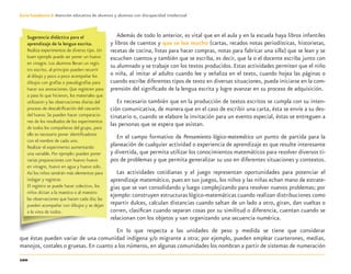 100
Guía-Cuaderno 3: Atención educativa de alumnos y alumnas con discapacidad intelectual
Además de todo lo anterior, es vital que en el aula y en la escuela haya libros infantiles
y libros de cuentos y que se lea mucho (cartas, recados notas periodísticas, historietas,
recetas de cocina, listas para hacer compras, notas para fabricar una silla) que se lean y se
escuchen cuentos y también que se escriba, es decir, que la o el docente escriba junto con
su alumnado y se trabaje con los textos producidos. Estas actividades permiten que el niño
o niña, al imitar al adulto cuando lee y señaliza en el texto, cuando hojea las páginas o
cuando escribe diferentes tipos de texto en diversas situaciones, pueda iniciarse en la com-
prensión del signiﬁcado de la lengua escrita y logre avanzar en su proceso de adquisición.
Es necesario también que en la producción de textos escritos se cumpla con su inten-
ción comunicativa, de manera que en el caso de escribir una carta, ésta se envíe a su des-
tinatario o, cuando se elabore la invitación para un evento especial, éstas se entreguen a
las personas que se espera que asistan.
En el campo formativo de Pensamiento lógico-matemático un punto de partida para la
planeación de cualquier actividad o experiencia de aprendizaje es que resulte interesante
y divertida, que permita utilizar los conocimientos matemáticos para resolver diversos ti-
pos de problemas y que permita generalizar su uso en diferentes situaciones y contextos.
Las actividades cotidianas y el juego representan oportunidades para potenciar el
aprendizaje matemático, pues en sus juegos, los niños y las niñas echan mano de estrate-
gias que se van consolidando y luego complejizando para resolver nuevos problemas; por
ejemplo:construyen estructuras lógico-matemáticas cuando realizan distribuciones como
repartir dulces, calculan distancias cuando saltan de un lado a otro, giran, dan vueltas o
corren, clasiﬁcan cuando separan cosas por su similitud o diferencia, cuentan cuando se
relacionan con los objetos y van organizando una secuencia numérica.
En lo que respecta a las unidades de peso y medida se tiene que considerar
que éstas pueden variar de una comunidad indígena y/o migrante a otra; por ejemplo, pueden emplear cuarterones, medias,
manojos, costales o gruesas. En cuanto a los números, en algunas comunidades los nombran a partir de sistemas de numeración
Sugerencia didáctica para el
aprendizaje de la lengua escrita.
Realiza experimentos de diverso tipo. Un
buen ejemplo puede ser poner un huevo
en vinagre. Los alumnos llevan un regis-
tro escrito, al principio pueden recurrir
al dibujo y poco a poco acompañar los
dibujos con grafías o pseudografías para
hacer sus anotaciones. Que registren paso
a paso lo que hicieron, los materiales que
utilizaron y las observaciones diarias del
proceso de descalciﬁcación del cascarón
del huevo. Se pueden hacer comparacio-
nes de los resultados de los experimentos
de todos los compañeros del grupo, para
ello es necesario poner identiﬁcadores
con el nombre de cada uno.
Realizar el experimento aumentando
una variable. Por ejemplo: pueden poner
varias preparaciones con huevo: huevo
en vinagre, huevo en agua y huevo solo.
Así los niños tendrán más elementos para
indagar y registrar.
El registro se puede hacer colectivo, los
niños dictan a la maestra o al maestro
las observaciones que hacen cada día; las
pueden acompañar con dibujos y se dejan
a la vista de todos.
Discapacida intelectual.indd 100 26/11/13 09:13
 