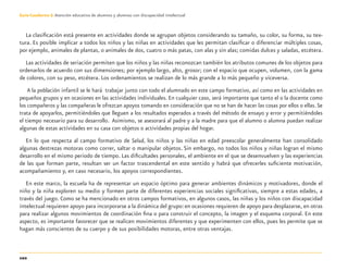 102
Guía-Cuaderno 3: Atención educativa de alumnos y alumnas con discapacidad intelectual
La clasiﬁcación está presente en actividades donde se agrupan objetos considerando su tamaño, su color, su forma, su tex-
tura. Es posible implicar a todos los niños y las niñas en actividades que les permitan clasiﬁcar o diferenciar múltiples cosas,
por ejemplo, animales de plantas, o animales de dos, cuatro o más patas, con alas y sin alas; comidas dulces y saladas, etcétera.
Las actividades de seriación permiten que los niños y las niñas reconozcan también los atributos comunes de los objetos para
ordenarlos de acuerdo con sus dimensiones; por ejemplo largo, alto, grosor; con el espacio que ocupen, volumen, con la gama
de colores, con su peso, etcétera. Los ordenamientos se realizan de lo más grande a lo más pequeño y viceversa.
A la población infantil se le hará trabajar junto con todo el alumnado en este campo formativo, así como en las actividades en
pequeños grupos y en ocasiones en las actividades individuales. En cualquier caso, será importante que tanto el o la docente como
los compañeros y las compañeras le ofrezcan apoyos tomando en consideración que no se han de hacer las cosas por ellos o ellas.Se
trata de apoyarlos, permitiéndoles que lleguen a los resultados esperados a través del método de ensayo y error y permitiéndoles
el tiempo necesario para su desarrollo. Asimismo, se asesorará al padre y a la madre para que el alumno o alumna puedan realizar
algunas de estas actividades en su casa con objetos o actividades propias del hogar.
En lo que respecta al campo formativo de Salud, los niños y las niñas en edad preescolar generalmente han consolidado
algunas destrezas motoras como correr, saltar o manipular objetos. Sin embargo, no todos los niños y niñas logran el mismo
desarrollo en el mismo periodo de tiempo. Las diﬁcultades personales, el ambiente en el que se desenvuelven y las experiencias
de las que forman parte, resultan ser un factor trascendental en este sentido y habrá que ofrecerles suﬁciente motivación,
acompañamiento y, en caso necesario, los apoyos correspondientes.
En este marco, la escuela ha de representar un espacio óptimo para generar ambientes dinámicos y motivadores, donde el
niño y la niña exploren su medio y formen parte de diferentes experiencias sociales signiﬁcativas, siempre a estas edades, a
través del juego. Como se ha mencionado en otros campos formativos, en algunos casos, las niñas y los niños con discapacidad
intelectual requieren apoyo para incorporarse a la dinámica del grupo:en ocasiones requieren de apoyo para desplazarse, en otras
para realizar algunos movimientos de coordinación ﬁna o para construir el concepto, la imagen y el esquema corporal. En este
aspecto, es importante favorecer que se realicen movimientos diferentes y que experimenten con ellos, pues les permite que se
hagan más conscientes de su cuerpo y de sus posibilidades motoras, entre otras ventajas.
Discapacida intelectual.indd 102 26/11/13 09:13
 