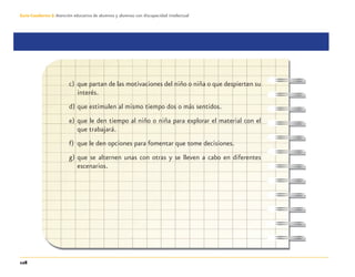 128
Guía-Cuaderno 3: Atención educativa de alumnos y alumnas con discapacidad intelectual
c) que partan de las motivaciones del niño o niña o que despierten su
interés.
d) que estimulen al mismo tiempo dos o más sentidos.
e) que le den tiempo al niño o niña para explorar el material con el
que trabajará.
f) que le den opciones para fomentar que tome decisiones.
g) que se alternen unas con otras y se lleven a cabo en diferentes
escenarios.
Discapacida intelectual.indd 128 26/11/13 09:13
 