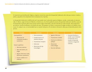 26
Guía-Cuaderno 3: Atención educativa de alumnos y alumnas con discapacidad intelectual
Es importante que el profesorado indígena y migrante conozca las causas de la discapacidad intelectual, sobre todo para orientar a madres y
padres y apoyarlos en la comprensión de la circunstancia de su hijo/hija.
La discapacidad intelectual es multifactorial, por lo que pueden estar involucrados aspectos biológicos, sociales, conductuales y/o educacio-
nales. En México, según el Censo de Población y Vivienda 2010, 8.5 % de la población presenta discapacidad intelectual e identiﬁca causas de
la discapacidad en general: 39% la tienen porque sufrieron alguna enfermedad, 23% están afectados por edad avanzada, 16% la adquirieron
por herencia, durante el embarazo o al momento de nacer, 15% quedaron con lesión a consecuencia de algún accidente y 8 % debido a otras
causas. En cualquier caso, es recomendable hacer un examen exhaustivo a ﬁn de obtener información valiosa para el desarrollo posterior de la
persona.
Prenatales Perinatales Postnatales Sociales
Causas genéticas
» Alteraciones de
cromosomas sexuales o
autosómicos
Causas no genéticas
» Afecciones maternas
» Abuso del alcohol y las
drogas
» Algunas infecciones virales,
bacterianas o parasitarias
» Escasos cuidados en el
embarazo
» Partos prematuros
» Complicaciones en el
momento del parto
» Traumatismos intraparto
» Infecciones
» Alteraciones de tipo
inmunológico
» Agentes infecciosos
» Traumatismos craneales
» Anoxia por accidentes o
epilepsia
» Alteraciones
endocrinólogas
» Nutrición deﬁciente
» Contextos familiares y
sociales que no favorecen
la interacción con el
mundo y el desarrollo
armónico e integral del
individuo
Discapacida intelectual.indd 26 26/11/13 09:13
 