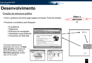 Desenvolvimento Criação da estrutura gráfica Criar o grafismo da home page (página principal). Porta de entrada. Factores a considerar pelo Designer: A audiência Objectivos Estrutura de navegação Identidade visual existente O tamanho do Web Site O tamanho determinará a disposição dos menus. Os  Web Sites grandes  necessitam de áreas horizontais e verticais. Web Sites pequenos , podem usar um ou o outro. Obter a aprovação 