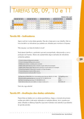 TAREFAS 08, 09, 10 e 11
                                                                                   Estamos bem aqui!




Tarefa 08 – Indicadores

       Agora você tem muitos dados gerados. Eles são a base para o seu trabalho. Está na
       hora de definir os indicadores que poderão ser utilizados para monitorar a Empresa.


       Não esqueça: sua base de dados é anual!


       Você deverá identificar o parâmetro que será acompanhado, relacionando-o com a
       produção da Empresa. Abaixo são apresentados alguns exemplos de indicadores
       ambientais globais:
                                                                                                              29




       Feito isto, siga adiante!



Tarefa 09 – Avaliação dos dados coletados

       Preenchidas as tabelas com os valores quantitativos, chegou o momento da primeira
       análise para definir onde serão realizadas as medições efetivas, isto é, aquelas que
       serão utilizadas no Balanço Específico (que será mostrado mais adiante) e que deverão
       ter grande precisão.




                                                              Guia da Produção Mais Limpa – Faça Você Mesmo
 