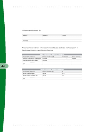 O Plano deverá constar de:




     Nesta tabela deverão ser colocados todos os Estudos de Casos realizados com os
     benefícios econômicos e ambientais descritos.




46
 