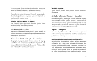 É fácil ter todas estas informações disponíveis intelectual-
mente no momento da prova? Obviamente que não!
Diante deste cenário, adotando a técnica de categorização e
classificação, poderíamos organizar o presente objeto de co-
nhecimento da seguinte forma:
Matérias Jurídicas/Ramos do Direito:
civil; comercial; penal; processual; eleitoral; agrário; maríti-
mo; aeronáutico; espacial e do trabalho;
Serviços Públicos e Privados:
telecomunicações e radiodifusão; serviço postal; sistema es-
tatístico; sistema cartográfico e de geologia nacionais; regis-
tros públicos; informática;
Administração Pública e Atuação Administrativa:
desapropriação; organização do sistema nacional de emprego
e condições para o exercício de profissões; organização judi-
ciária do Ministério Público e da Defensoria Pública do Dis-
trito Federal e dos Territórios, bem como
Recursos Naturais:
Águas; energia; jazidas; minas; outros recursos minerais e
metalurgia;
Atividades de Natureza Financeira e Comercial:
sistema monetário e de medidas; títulos e garantias dos me-
tais; política de crédito; câmbio; seguros e transferência de
valores; comércio exterior e interestadual; sistemas de pou-
pança; captação e garantia da poupança popular; sistemas de
consórcios e sorteios; propaganda comercial;
Logística e Transporte:
diretrizes da política nacional de transportes; regime dos
portos; navegação lacustre; fluvial; marítima; aérea e aeroes-
pacial; trânsito e transporte;
Administração Pública e Atuação Administrativa:
desapropriação; organização do sistema nacional de emprego
e condições para o exercício de profissões; organização judi-
ciária do Ministério Público e da Defensoria Pública do Dis-
trito Federal e dos Territórios, bem como organização admi-
nistrativa destes; normas gerais de licitação e contratação,
em todas as modalidades, para as administrações públicas
15
 