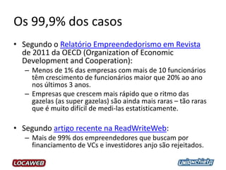 Os 99,9% dos casos
• Segundo o Relatório Empreendedorismo em Revista
de 2011 da OECD (Organization of Economic
Development and Cooperation):
– Menos de 1% das empresas com mais de 10 funcionários
têm crescimento de funcionários maior que 20% ao ano
nos últimos 3 anos.
– Empresas que crescem mais rápido que o ritmo das
gazelas (as super gazelas) são ainda mais raras – tão raras
que é muito difícil de medi-las estatisticamente.
• Segundo artigo recente na ReadWriteWeb:
– Mais de 99% dos empreendedores que buscam por
financiamento de VCs e investidores anjo são rejeitados.
 