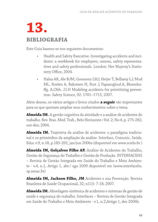 GUIA DE ANÁLISE ACIDENTES DE TRABALHO 
69 
13. 
BIBLIOGRAFIA 
Este Guia baseou-se nos seguintes documentos: 
• Health and Safety Executive. Investigating accidents and inci-dents: 
a workbook for employers, unions, safety representa-tives 
and safety professionals. London: Her Majesty’s Statio-nery 
Office, 2004. 
• Halea AR, Ale BJM, Goossens LHJ, Heijer T, Bellamy LJ, Mud 
ML, Roelen A, Baksteen H, Post J, Papazoglouf.A, Bloemho-ffg. 
A,Ohh. J.I.H Modeling accidents for prioritizing preven-tion. 
Safety Science, 92: 1701–1715; 2007. 
Além desses, os vários artigos e livros citados a seguir são importantes 
para os que queiram ampliar seus conhecimentos sobre o tema. 
Almeida IM. A gestão cognitiva da atividade e a análise de acidentes do 
trabalho. Rev. Bras. Med. Trab., Belo Horizonte • Vol. 2; No 4, p. 275-282, 
out-dez; 2004. 
Almeida IM. Trajetória da análise de acidentes: o paradigma tradicio-nal 
e os primórdios da ampliação da análise. Interface, Comunic, Saúde, 
Educ v.9, n.18, p.185-202, jan/jun 2006a (disponível em www.scielo.br ) 
Almeida IM, Golçalves Filho AP. Análise de Acidentes do Trabalho, 
Gestão de Segurança do Trabalho e Gestão de Produção. INTERFACEHS 
– Revista de Gestão Integrada em Saúde do Trabalho e Meio Ambien-te 
- v.4, n.1, Artigo 1, abr./ ago 2009 disponível em (www.interfacehs. 
sp.senac.br) 
Almeida IM, Jackson Filho, JM Acidentes e sua Prevenção. Revista 
Brasileira de Saúde Ocupacional, 32, n115: 7-18; 2007. 
Almeida IM. Abordagem sistêmica de acidentes e sistemas de gestão de 
saúde e segurança do trabalho. Interfaces – Revista de Gestão Integrada 
em Saúde do Trabalho e Meio Ambiente - v.1, n.2,Artigo 1, dez 2006b. 
 