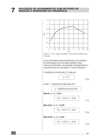 101
Figura 7.3 - Curva “torque x freqüência” para motores fechados, auto-
ventilados
A curva foi obtida experimentalmente, em condições
de alimentação com uma onda senoidal e fluxo
nominal no entreferro. As equações correspondentes a
cada trecho da curva da figura 7.3 são as seguintes:
A freqüência normalizada, fr
, dada por
fr
= f / fn
(7.6)
sendo: f - freqüência de operação [Hz]
fn
- freqüência nominal [Hz]
Para 0 <= fr
< 0,25
T/Tn
= 1,49 * fr
+ 0,28
(7.7)
Para 0,25 <= fr
< 0,50
T/Tn
= 0,74 * fr
+ 0,47
(7.8)
Para 0,50 <= fr
< 0,83
T/Tn
= 0,28 * fr
+ 0,70
(7.9)
APLICAÇÃO DE ACIONAMENTOS COM MOTORES DE
INDUÇÃO E INVERSORES DE FREQÜÊNCIA7
 