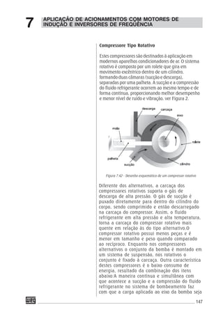 147
Compressore Tipo Rotativo
Estes compressores são destinados à aplicação em
modernos aparelhos condicionadores de ar. O sistema
rotativo é composto por um rolete que gira em
movimento excêntrico dentro de um cilindro,
formando duas câmaras (sucção e descarga),
separadas por uma palheta. A sucção e a compressão
do fluido refrigerante ocorrem ao mesmo tempo e de
forma contínua, proporcionando melhor desempenho
e menor nível de ruído e vibração, ver Figura 2.
Figura 7.42 - Desenho esquemático de um compressor rotativo
Diferente dos alternativos, a carcaça dos
compressores rotativos suporta o gás de
descarga de alta pressão. O gás de sucção é
puxado diretamente para dentro do cilindro do
corpo, sendo comprimido e então descarregado
na carcaça do compressor. Assim, o fluido
refrigerante em alta pressão e alta temperatura,
torna a carcaça do compressor rotativo mais
quente em relação às do tipo alternativo.O
compressor rotativo possui menos peças e é
menor em tamanho e peso quando comparado
ao recíproco. Enquanto nos compressores
alternativos o conjunto da bomba é montado em
um sistema de suspensão, nos rotativos o
conjunto é fixado à carcaça. Outra característica
destes compressores é o baixo consumo de
energia, resultado da combinação dos itens
abaixo:A maneira contínua e simultânea com
que acontece a sucção e a compressão do fluido
refrigerante no sistema de bombeamento faz
com que a carga aplicada ao eixo da bomba seja
APLICAÇÃO DE ACIONAMENTOS COM MOTORES DE
INDUÇÃO E INVERSORES DE FREQÜÊNCIA7
 