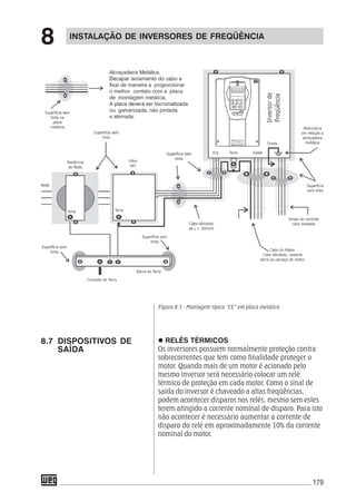 179
INSTALAÇÃO DE INVERSORES DE FREQÜÊNCIA
8
Figura 8.3 - Montagem típica “CE” em placa metálica
RELÉS TÉRMICOS
Os inversores possuem normalmente proteção contra
sobrecorrentes que tem como finalidade proteger o
motor. Quando mais de um motor é acionado pelo
mesmo inversor será necessário colocar um relé
térmico de proteção em cada motor. Como o sinal de
saída do inversor é chaveado a altas freqüências,
podem acontecer disparos nos relés, mesmo sem estes
terem atingido a corrente nominal de disparo. Para isto
não acontecer é necessário aumentar a corrente de
disparo do relé em aproximadamente 10% da corrente
nominal do motor.
8.7 DISPOSITIVOS DE
SAÍDA
 