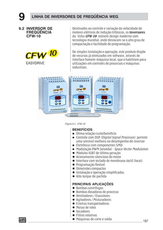 187
LINHA DE INVERSORES DE FREQÜÊNCIA WEG
9
9.2 INVERSOR DE
FREQÜÊNCIA
CFW-10
Destinados ao controle e variação da velocidade de
motores elétricos de indução trifásicos, os inversores
da linha CFW-10 reúnem design moderno com
tecnologia mundial, onde destacam-se o alto grau de
compactação e facilidade de programação.
De simples instalação e operação, este produto dispõe
de recursos já otimizados em software, através de
interface homem-máquina local, que o habilitam para
utilizações em controles de processos e máquinas
industriais.
BENEFÍCIOS
Ótima relação custo/benefício
Controle com DSP (Digital Signal Processor) permite
uma sensível melhora no desempenho do inversor
Eletrônica com componentes SMD
Modulação PWM Senoidal - Space Vector Modulation
Módulos IGBT de última geração
Acionamento silencioso do motor
Interface com teclado de membrana táctil (local)
Programação flexível
Dimensões compactas
Instalação e operação simplificadas
Alto torque de partida
PRINCIPAIS APLICAÇÕES
Bombas centrífugas
Bombas dosadoras de processo
Ventiladores / Exaustores
Agitadores / Misturadores
Esteiras transportadoras
Mesas de rolos
Secadores
Filtros rotativos
Máquinas de corte e solda
Figura 9.1 - CFW-10
 