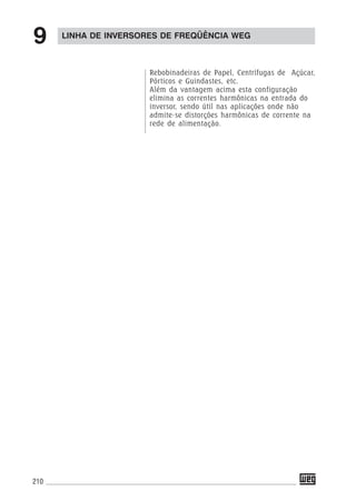 210
Rebobinadeiras de Papel, Centrífugas de Açúcar,
Pórticos e Guindastes, etc.
Além da vantagem acima esta configuração
elimina as correntes harmônicas na entrada do
inversor, sendo útil nas aplicações onde não
admite-se distorções harmônicas de corrente na
rede de alimentação.
LINHA DE INVERSORES DE FREQÜÊNCIA WEG
9
 