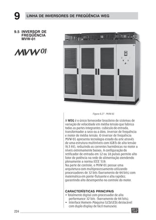 224
LINHA DE INVERSORES DE FREQÜÊNCIA WEG
9
9.5 INVERSOR DE
FREQÜÊNCIA
MVW-01
A WEG é o único fornecedor brasileiro de sistemas de
variação de velocidade em média tensão que fabrica
todas as partes integrantes: cubículo de entrada,
transformador a seco ou a óleo, inversor de frequência
e motor de média tensão. O inversor de frequência
MVW-01 apresenta tecnologia estado da arte através
de uma estrutura multiníveis com IGBTs de alta tensão
(6,5 kV), reduzindo as correntes harmônicas no motor a
níveis extremamente baixos. A configuração do
retificador de entrada em 12 ou 18 pulsos permite alto
fator de potência na rede de alimentação atendendo
plenamente a norma IEEE 519.
Na parte de controle, o MVW-01 possue uma
arquitetura com multiprocessamento utilizando
processadores de 32 bits (barramento de 64 bits) com
matemática em ponte-flutuante e alta rapidez,
garantindo alto desempenho no controle do motor.
CARACTERÍSTICAS PRINCIPAIS
• Totalmente digital com processador de alta
performance 32 bits (barramento de 64 bits);
• Interface Homem-Máquina (LCD/LED) destacável
com duplo display de fácil manuseio;
Figura 9.27 - MVW-01
 