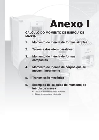 Anexo I
CÁLCULO DO MOMENTO DE INÉRCIA DE
MASSA
1. Momento de inércia de formas simples
2. Teorema dos eixos paralelos
3. Momento de inércia de formas
compostas
4. Momento de inércia de corpos que se
movem linearmente
5. Transmissão mecânica
6. Exemplos de cálculos de momento de
inércia de massa
Cálculo do momento de inércia de massa
Cálculo do momento de inércia total
 